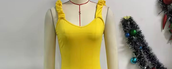 Women Sexy Sleeveless Ruffled Yellow Tie Open Back Dress