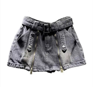 Women Fashion Buckled Zipper Denim Skirt