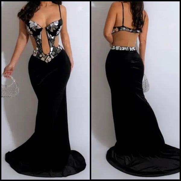 Women Black Sexy Sleeveless Bling Mesh Patchwork Maxi Dress