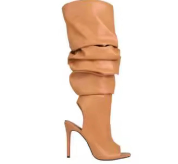 Women Open Toe Ruffle Faux Leather High Heel Fashion Boots