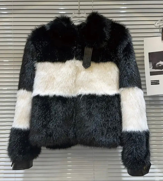 Women B&W Color Patchwork Fashion Faux Fur Jacket