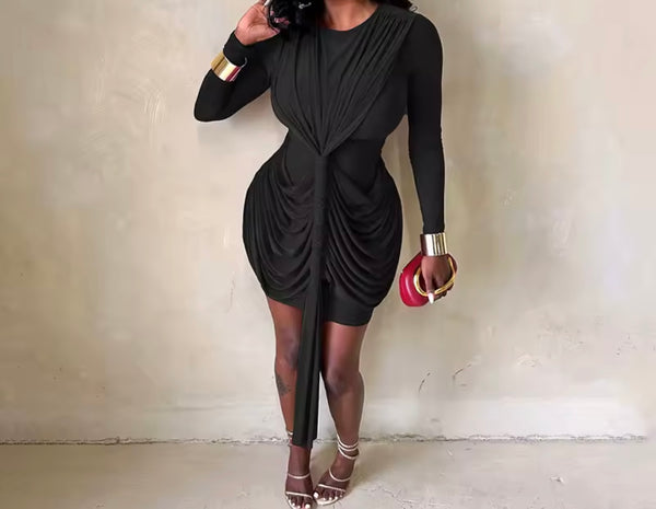 Women Sexy Draped Ruche Tassel Full Sleeve Dress