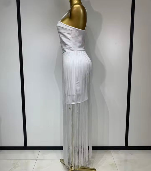 Women Sexy White Sleeveless Fringe Tassel Maxi Dress