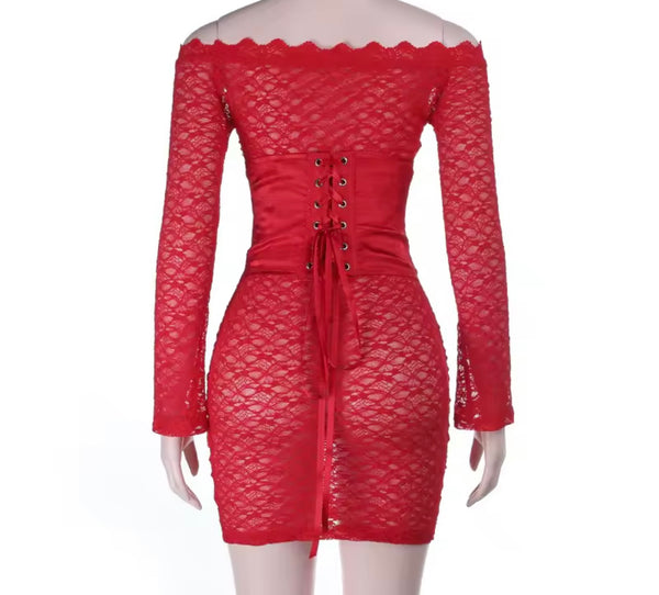Women Red Sexy Lace Corset Full Sleeve Dress