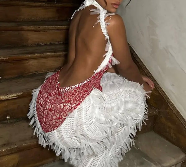 Women Sexy Halter Sleeveless Fringe Mesh Maxi Dress