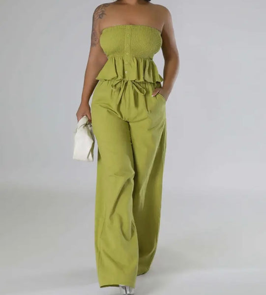 Women Sexy Ruffled Strapless Two Piece Wide Leg Pant Set
