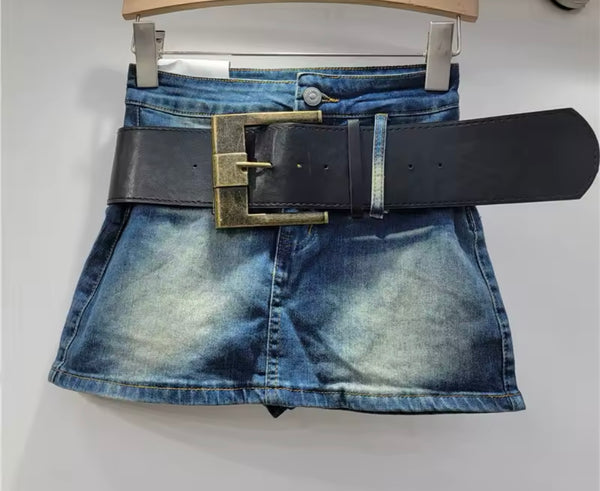 Women Fashion Color Belted Denim Skirt
