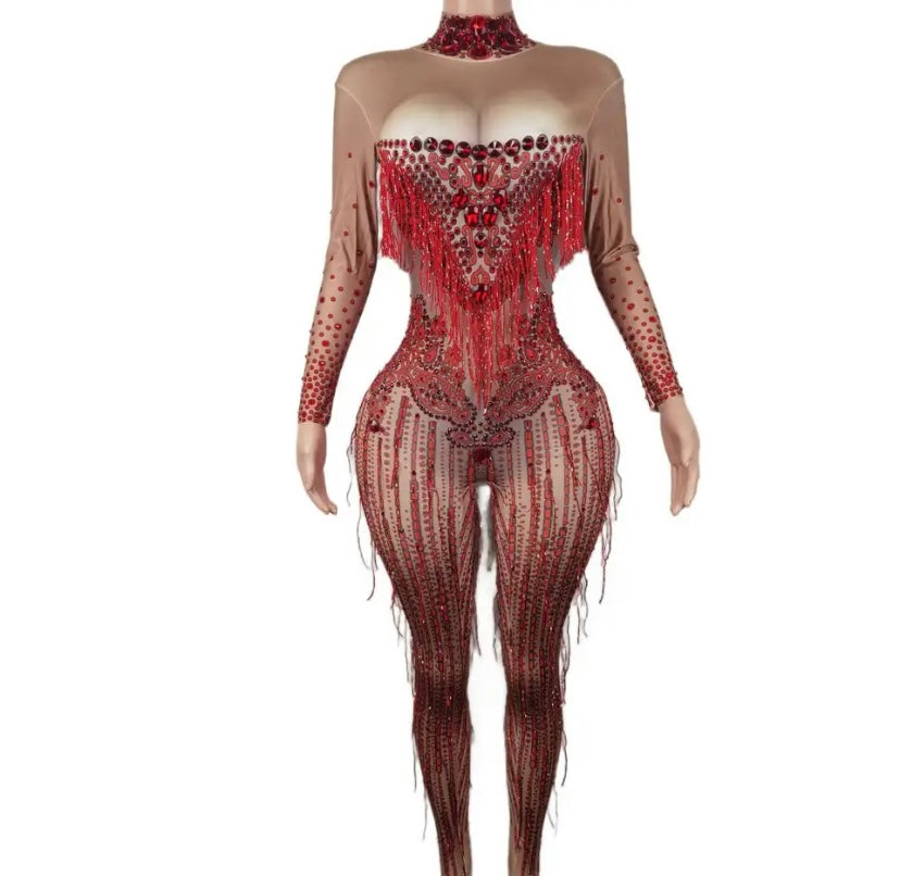 Women Sexy Bling Crystal Tassel Full Sleeve Jumpsuit