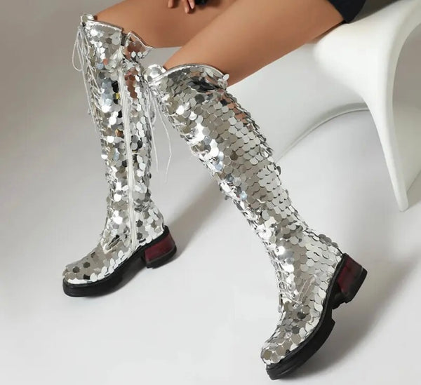 Women Fashion Silver Sequins Lace Up Knee High Boots