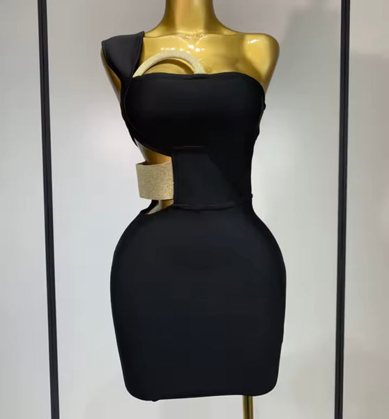 Women Black Sexy One Shoulder Sleeveless Cut Out Bandage Dress