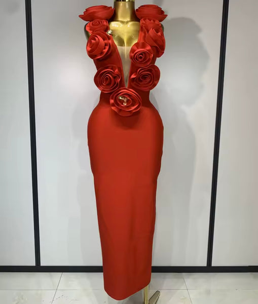 Women Sexy Sleeveless 3D Floral Bandage Maxi Dress
