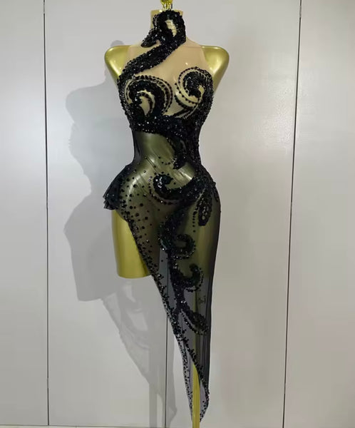 Women Black Sleeveless Sequins Rhinestone Asymmetrical Dress