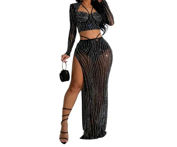 Women Sexy Full Sleeve Bling Mesh Two Piece Maxi Skirt Set