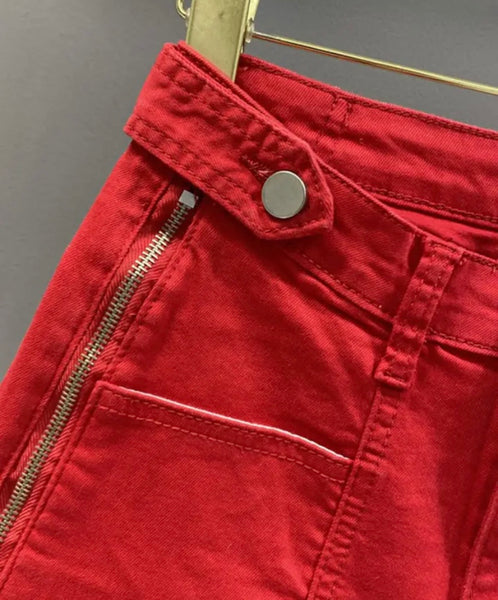 Women Red Fashion Zipper Denim Shorts