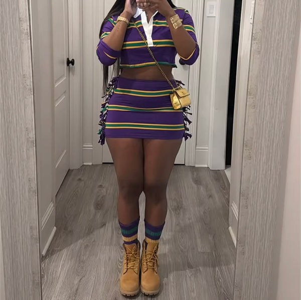 Women Fashion Multicolored Striped Full Sleeve Fringe Skirt Set