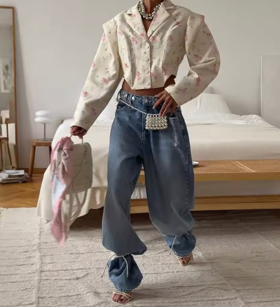 Women Fashion Floral Button Up Full Sleeve Blazer Top