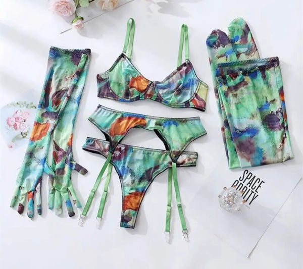 Women Sexy Multicolored Print Mesh Glove Stockings Lingerie Set