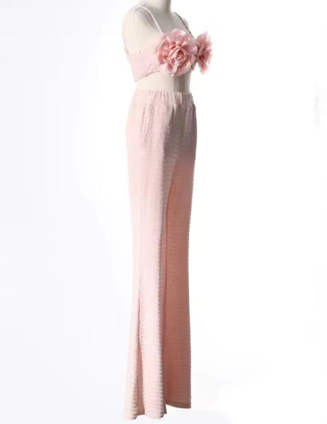 Women Pink Sexy 3D Floral Sleeveless Two Piece Pant Set