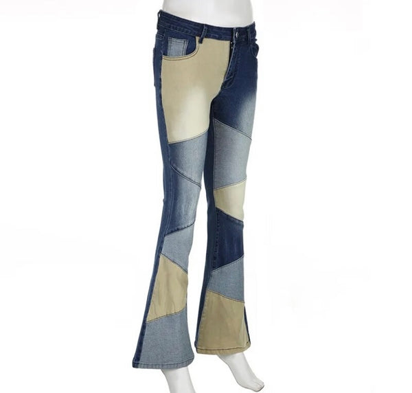 Women Fashion Color Patchwork Boot Cut Denim Pants