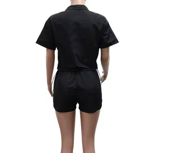 Women Fashion Zip Up Striped Short Sleeve Tracksuit Two Piece Short Set