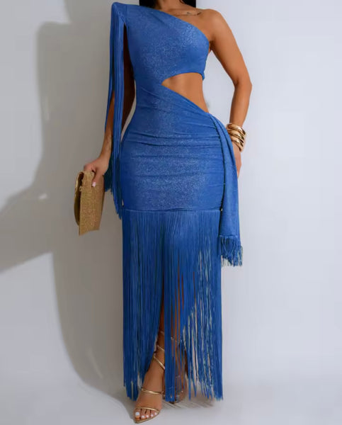 Women Sexy One Shoulder Cut Out Fringe Tassel Maxi Dress