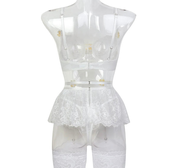 Women White Sexy Lace Yellow Floral Patchwork Lingerie Set