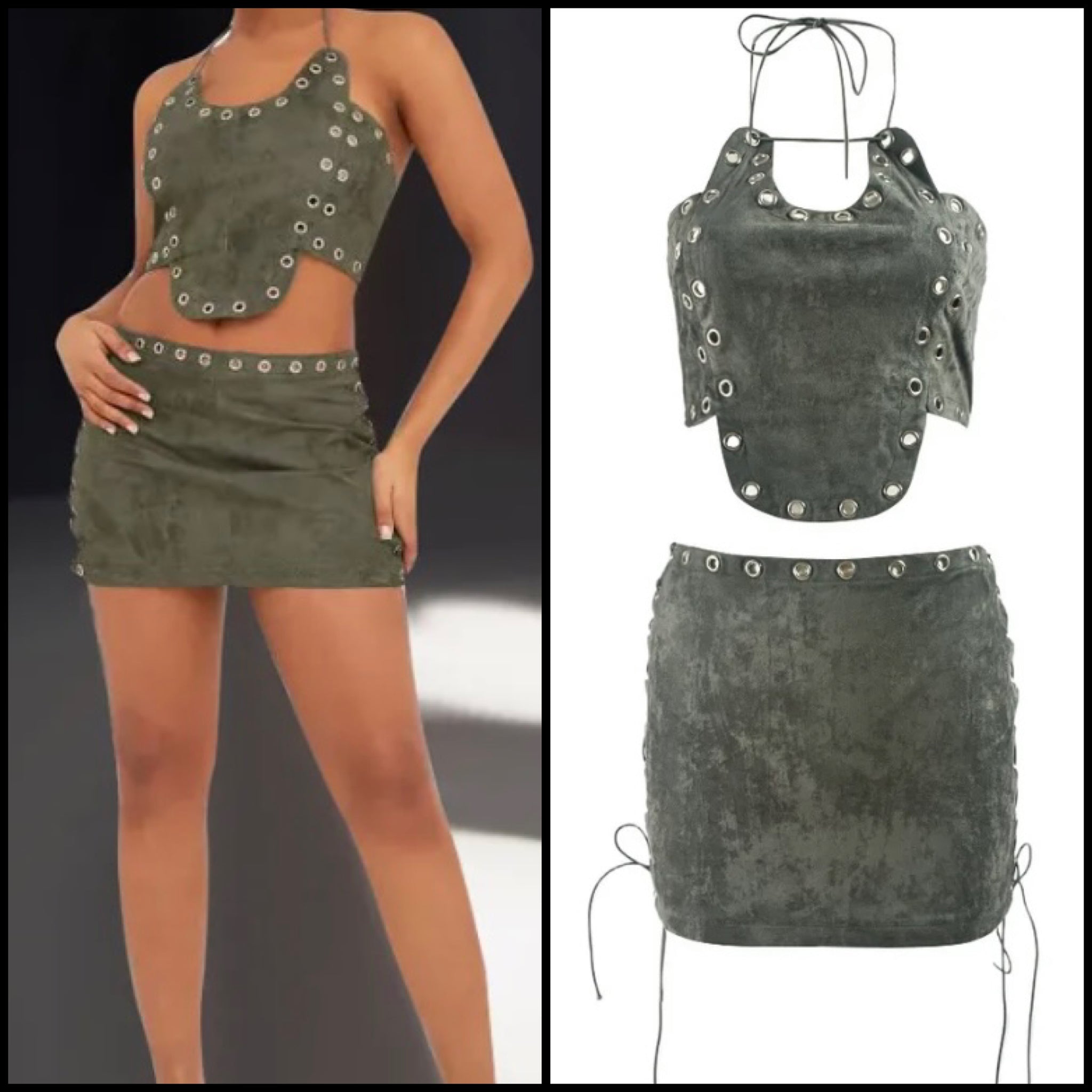 Women Sexy Halter Sleeveless Green Suede Two Piece Skirt Set