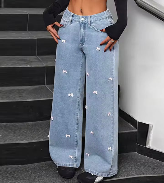 Women Fashion Color Bow Patchwork Denim Pants