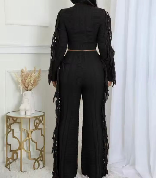 Women Fringe Fashion Full Sleeve Sweater Two Piece Pant Set