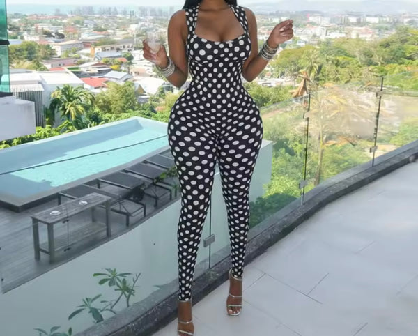 Women Sleeveless Open Back B&W Polka Dot Jumpsuit