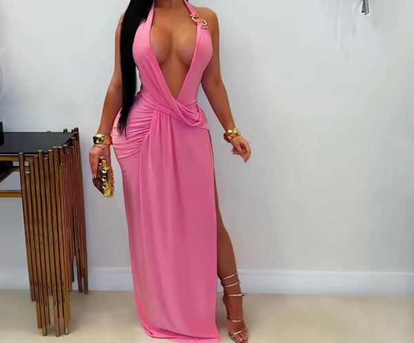 Women Sexy Metal V-Neck Halter Maxi Dress