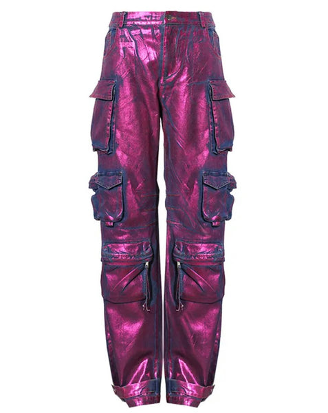 Women Fashion Purple Metallic Cargo Denim Pants