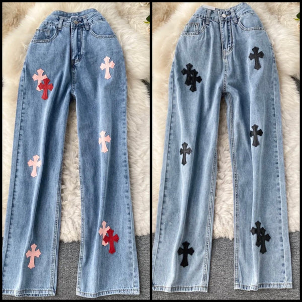 Women Fashion Color Cross Denim Pants