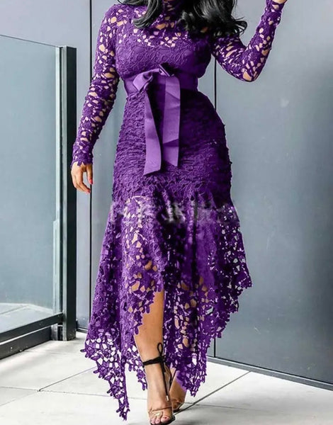 Women Sexy Color Lace Full Sleeve Bow Maxi Dress