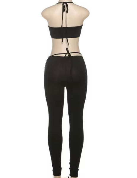 Women Sexy Sleeveless Cut Out Tie Up Two Piece Pant Set