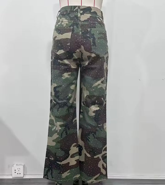 Women Fashion Color Camouflage Bling Denim Pants