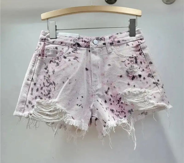 Women Fashion Ripped Color Tie Dye Denim Shorts