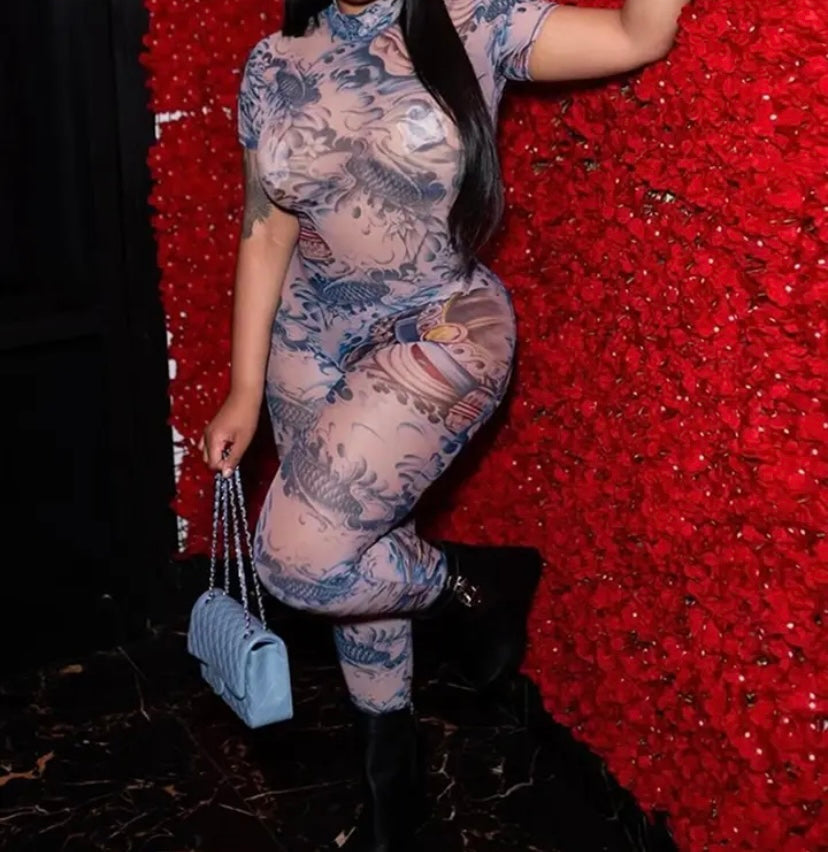 Women Sexy Printed Mesh Open Back Short Sleeve Jumpsuit