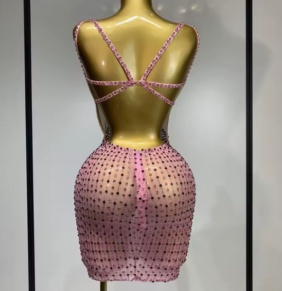 Women Sexy Sleeveless Open Back Color Rhinestone Dress
