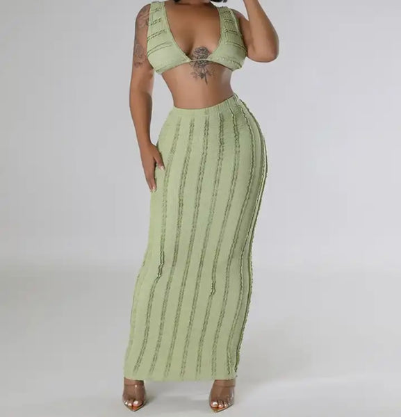 Women Solid Color Sleeveless Sexy Lace Up Crop Two Piece Maxi Skirt Set