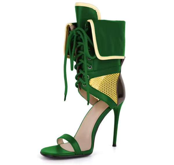 Women Fashion Open Toe Color Patchwork Tie Up High Heel Ankle Boots
