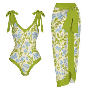 Women Fashion Green Floral Print Tie Up Swimsuit Cover Up Set