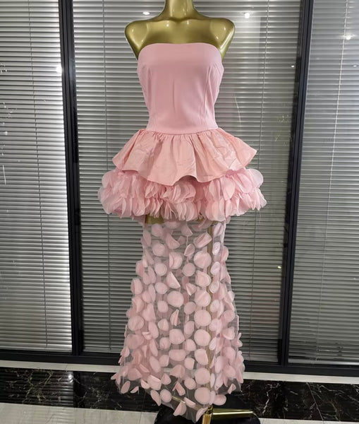 Women Sexy Strapless Ruffle Floral Mesh Patchwork Maxi Dress