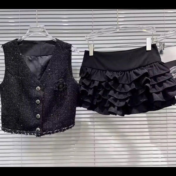 Women Black Button Up Tweed Vest Two Piece Ruffled Skirt Set