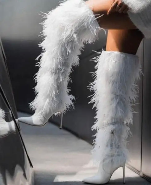 Women Color Fashion Faux Fur Knee High Boots