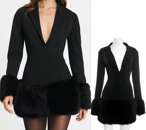 Women Black Sexy Fur Patchwork Blazer Dress