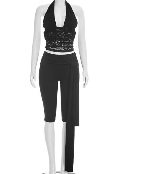 Women Sexy Halter Lace Patchwork Two Piece Capri Pant Set