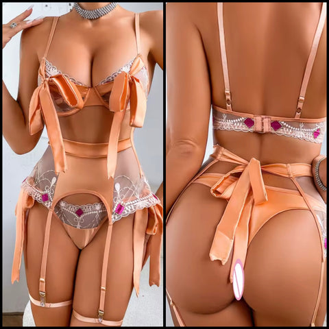 Women Sexy Orange Tie Up Bow Mesh Patchwork Lingerie Set