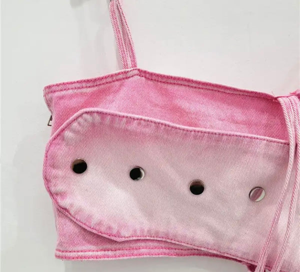 Women Sleeveless Pink Gradient Buckled Denim Crop Top