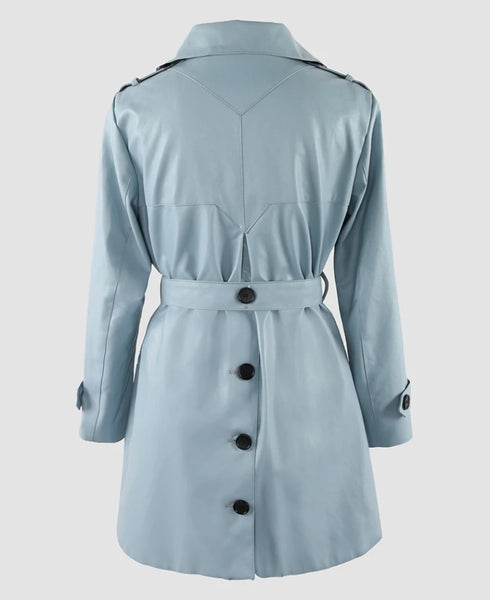 Women Fashion Blue Belted Faux Leather Trench Jacket